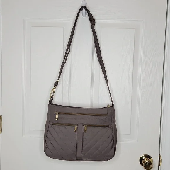 Travelon nylon quilted bag crossbody purse taupe